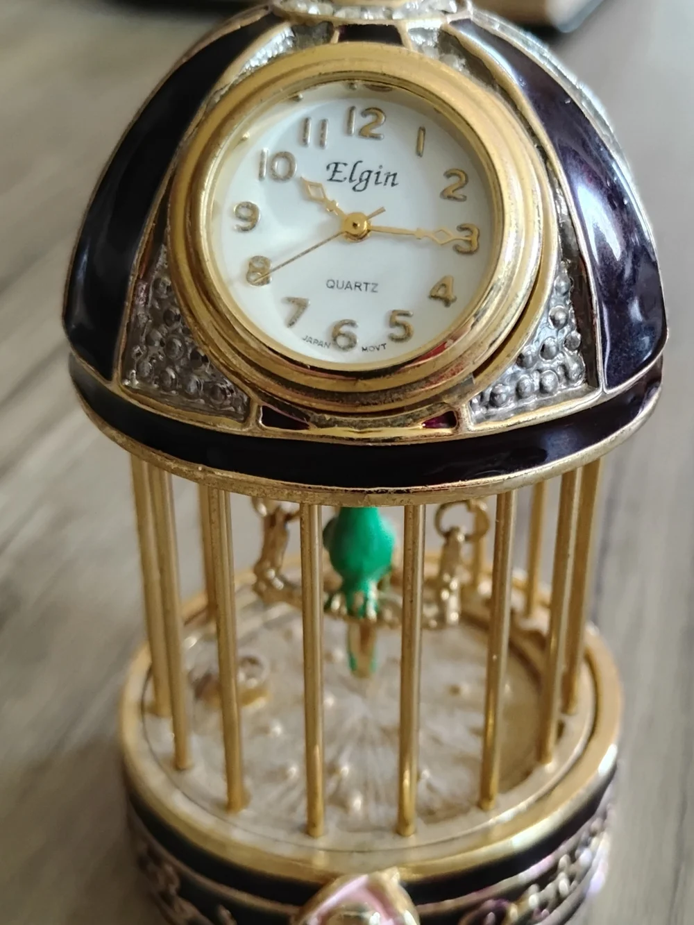Elgin Clock Gold & Burgundy Enamel Birdcage With Green Bird On Swing Paperweight